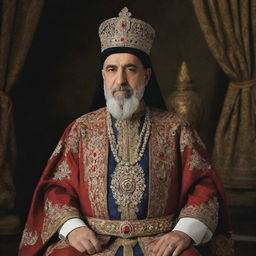 King Khashayar of Iran depicted in traditional regalia, represented with dignity and majesty.