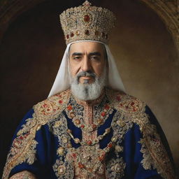 King Khashayar of Iran depicted in traditional regalia, represented with dignity and majesty.