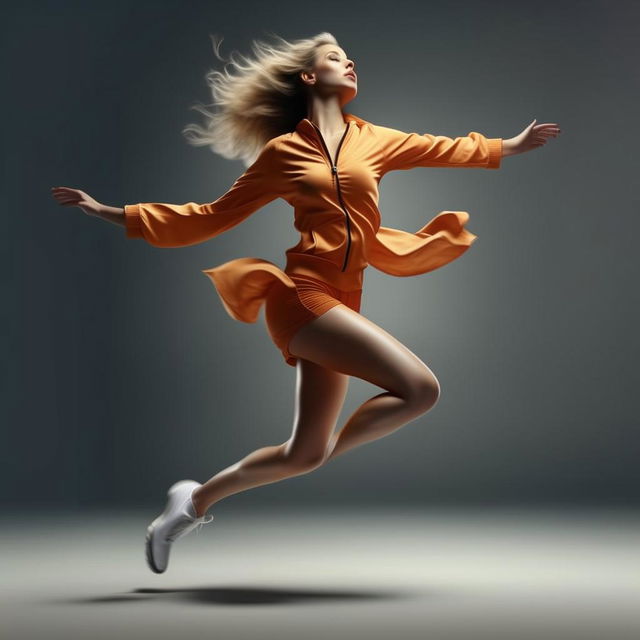 An HD, photorealistic image of a stylish, athletic woman in a dynamic pose wearing athletic shoes, as if captured from a high-end commercial.