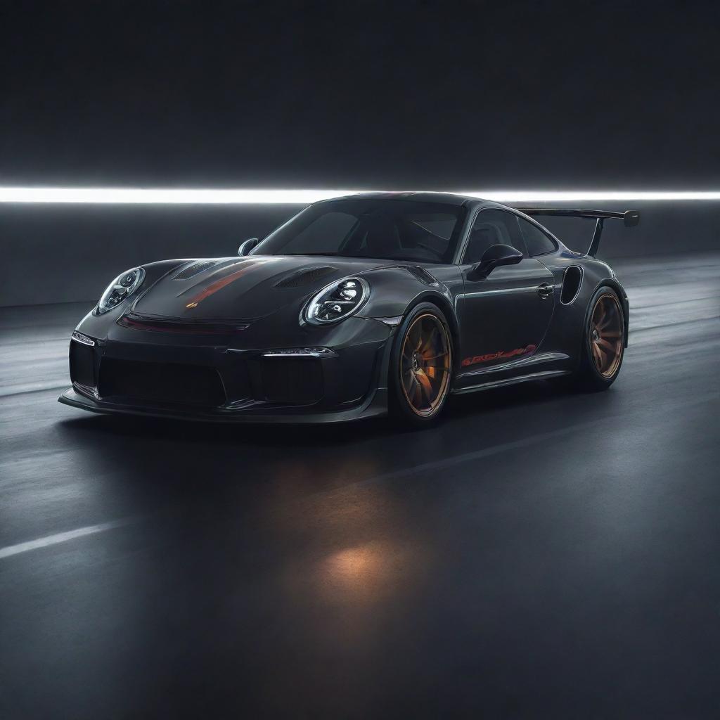 A glossy, sleek Porsche 911 GT3 RS in vivid racing conditions with artful lighting highlighting its aerodynamic lines