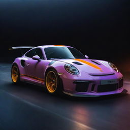 A glossy, sleek Porsche 911 GT3 RS in vivid racing conditions with artful lighting highlighting its aerodynamic lines