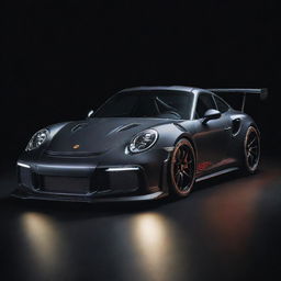 A glossy, sleek Porsche 911 GT3 RS in vivid racing conditions with artful lighting highlighting its aerodynamic lines