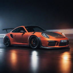 A glossy, sleek Porsche 911 GT3 RS in vivid racing conditions with artful lighting highlighting its aerodynamic lines