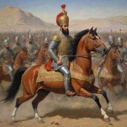 King Khashayar of Iran engaged in battle, commanding his warriors with valor while clad in traditional armor.