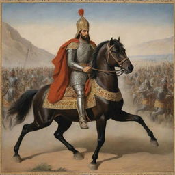 King Khashayar of Iran engaged in battle, commanding his warriors with valor while clad in traditional armor.