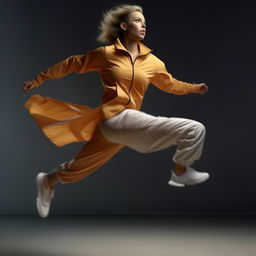 An HD, photorealistic image of a stylish, athletic woman in a dynamic pose wearing athletic shoes, as if captured from a high-end commercial.