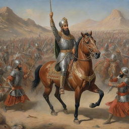 King Khashayar of Iran engaged in battle, commanding his warriors with valor while clad in traditional armor.