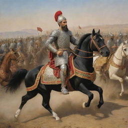 King Khashayar of Iran engaged in battle, commanding his warriors with valor while clad in traditional armor.