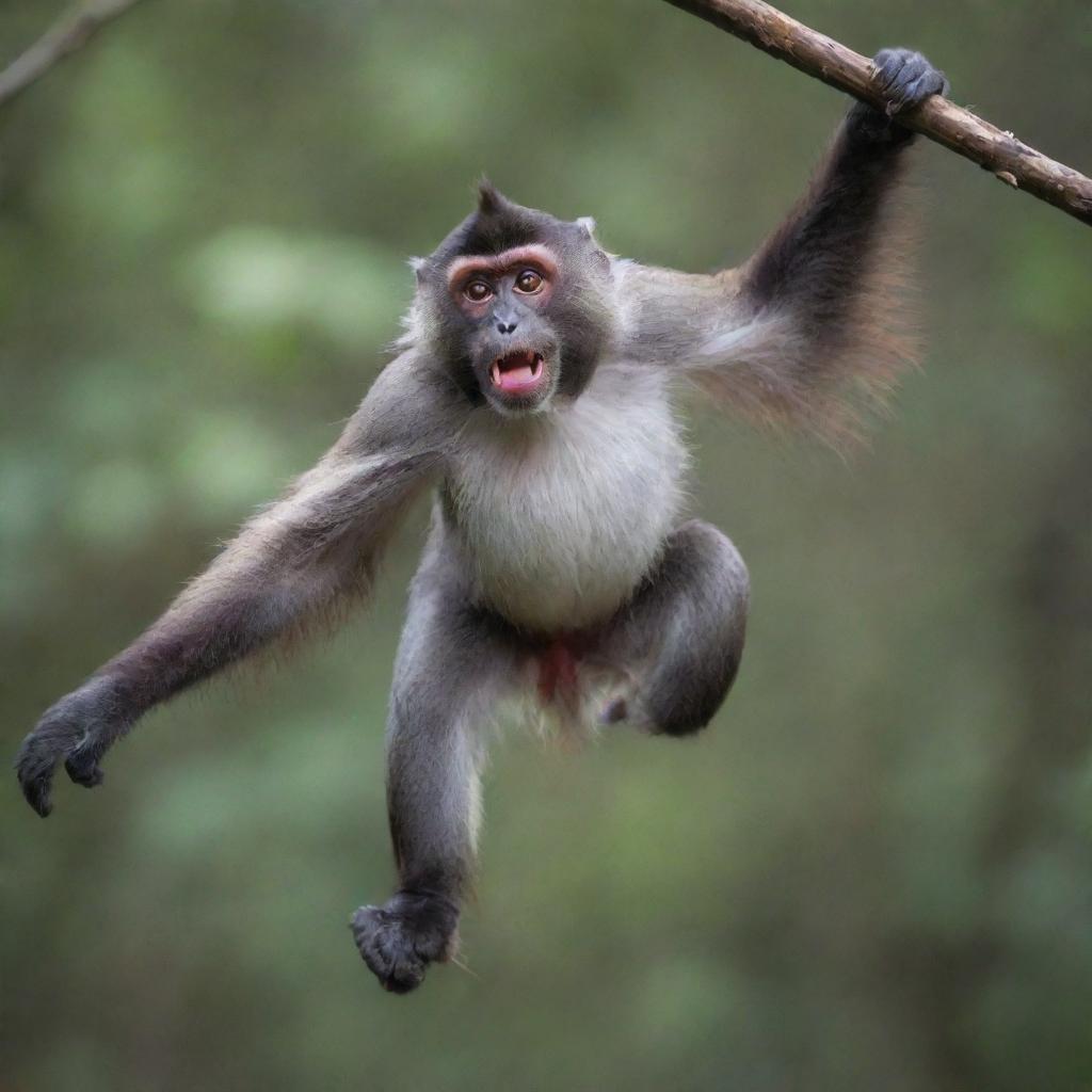 A vivid image of Oscar, the red-tailed monkey, hanging from a branch, his long, vibrant tail swishing in joy.