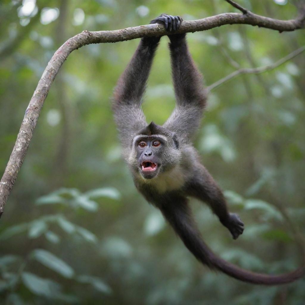 A vivid image of Oscar, the red-tailed monkey, hanging from a branch, his long, vibrant tail swishing in joy.