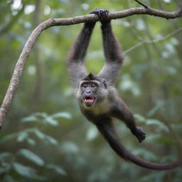 A vivid image of Oscar, the red-tailed monkey, hanging from a branch, his long, vibrant tail swishing in joy.