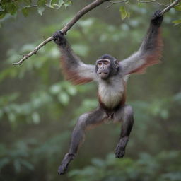 A vivid image of Oscar, the red-tailed monkey, hanging from a branch, his long, vibrant tail swishing in joy.