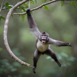 A vivid image of Oscar, the red-tailed monkey, hanging from a branch, his long, vibrant tail swishing in joy.