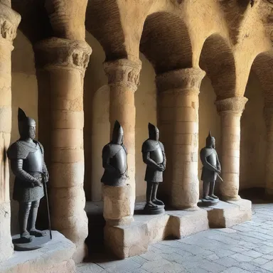 The interior of the castle was decorated with armed knights sculptures and beautiful weapons.