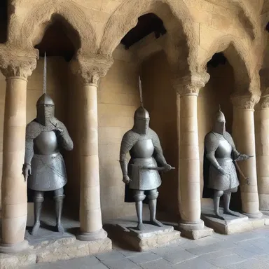 The interior of the castle was decorated with armed knights sculptures and beautiful weapons.