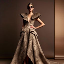 A sophisticated high fashion mockup featuring an elaborate outfit on a chic model, against a minimalistic backdrop for emphasis on the fashion piece.