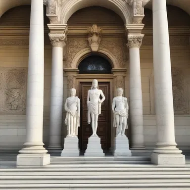 The armed statues on either side of the grand entrance added a sense of elegance to the building.