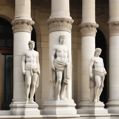 The armed statues on either side of the grand entrance added a sense of elegance to the building.