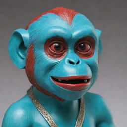 A turquoise statue of Oscar, the red-faced monkey, meticulously crafted with detailed facial expressions.