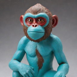 A turquoise statue of Oscar, the red-faced monkey, meticulously crafted with detailed facial expressions.