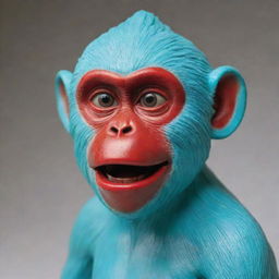 A turquoise statue of Oscar, the red-faced monkey, meticulously crafted with detailed facial expressions.