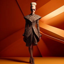 A sophisticated high fashion mockup featuring an elaborate outfit on a chic model, against a minimalistic backdrop for emphasis on the fashion piece.