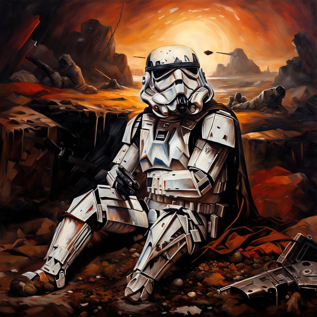 Traditional oil painting of a helmetless Star Wars stormtrooper seated on a battlefield after an intense fight.