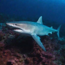 A unique image of a long-haired shark, a creature of imagination, swimming freely in the vibrant underwaters of the Red Sea.