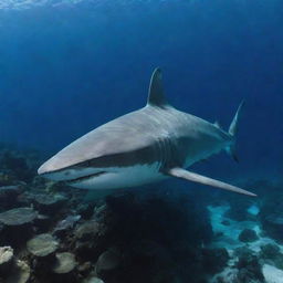 A unique image of a long-haired shark, a creature of imagination, swimming freely in the vibrant underwaters of the Red Sea.