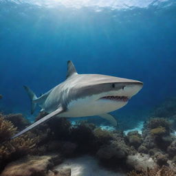 A eutrophic visual of a long-haired shark, artistically stylized, joyfully swimming in the exotic environment of the Red Sea.