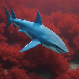 A eutrophic visual of a long-haired shark, artistically stylized, joyfully swimming in the exotic environment of the Red Sea.