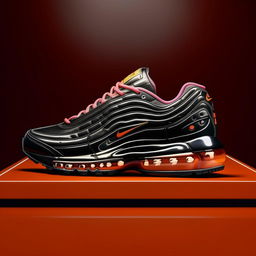 A high-definition, 1080p, photorealistic image of a Nike Air Max shoe. Display it with an emphasis on its unique designs and features on a sleek background.