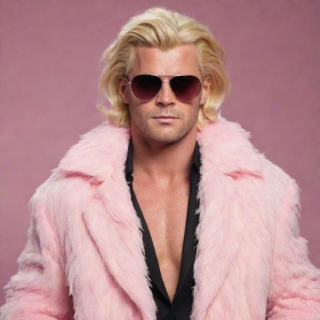 Chris Hemsworth dressed as Doflamingo from One Piece, with pink feather coat, sunglasses, and blonde wig, striking a confident pose.