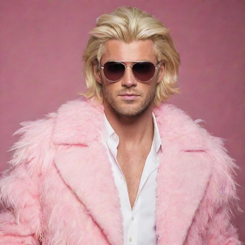 Chris Hemsworth dressed as Doflamingo from One Piece, with pink feather coat, sunglasses, and blonde wig, striking a confident pose.