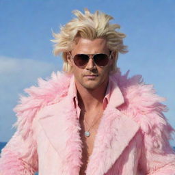 Chris Hemsworth dressed as Doflamingo from One Piece, with pink feather coat, sunglasses, and blonde wig, striking a confident pose.