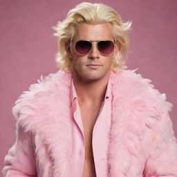 Chris Hemsworth dressed as Doflamingo from One Piece, with pink feather coat, sunglasses, and blonde wig, striking a confident pose.