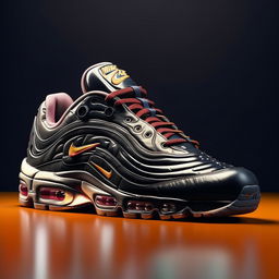 A high-definition, 1080p, photorealistic image of a Nike Air Max shoe. Display it with an emphasis on its unique designs and features on a sleek background.