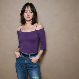 Dakota Johnson dressed as Robin from One Piece, with black shoulder-length hair, purple top, high waist jeans, and a confident expression.