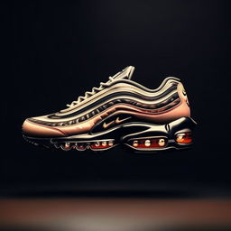 A high-definition, 1080p, photorealistic image of a Nike Air Max shoe. Display it with an emphasis on its unique designs and features on a sleek background.