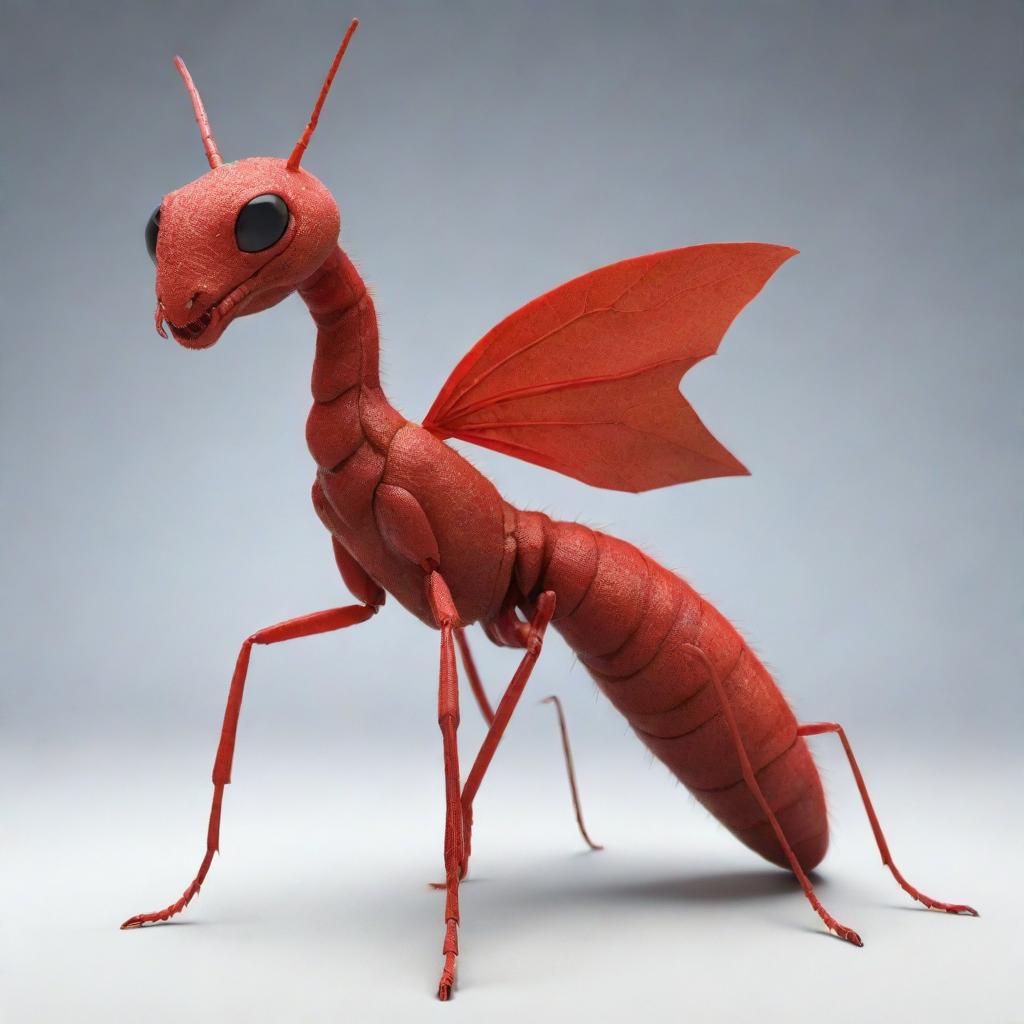 An imaginative creature resulting from the genetic combination of an ant and a red dragon, showcasing features of both.