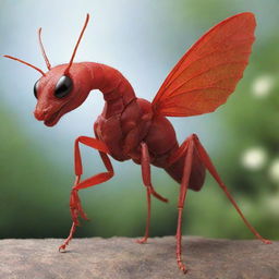 An imaginative creature resulting from the genetic combination of an ant and a red dragon, showcasing features of both.