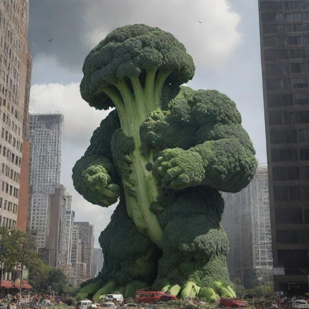 A colossal broccoli monster rampaging through a city, tearing down a towering skyscraper. The scene is filled with chaos and panic, but also an incongruous sense of wonder at the bizarre spectacle.