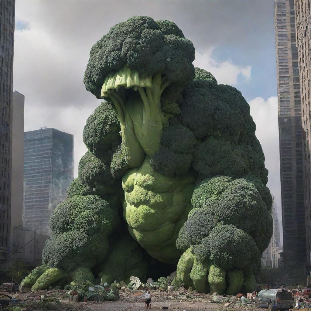 A colossal broccoli monster rampaging through a city, tearing down a towering skyscraper. The scene is filled with chaos and panic, but also an incongruous sense of wonder at the bizarre spectacle.