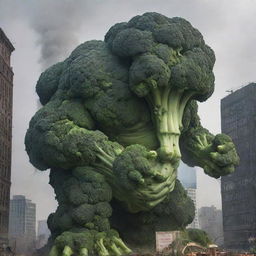 A colossal broccoli monster rampaging through a city, tearing down a towering skyscraper. The scene is filled with chaos and panic, but also an incongruous sense of wonder at the bizarre spectacle.