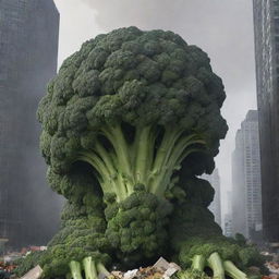 A colossal broccoli monster rampaging through a city, tearing down a towering skyscraper. The scene is filled with chaos and panic, but also an incongruous sense of wonder at the bizarre spectacle.