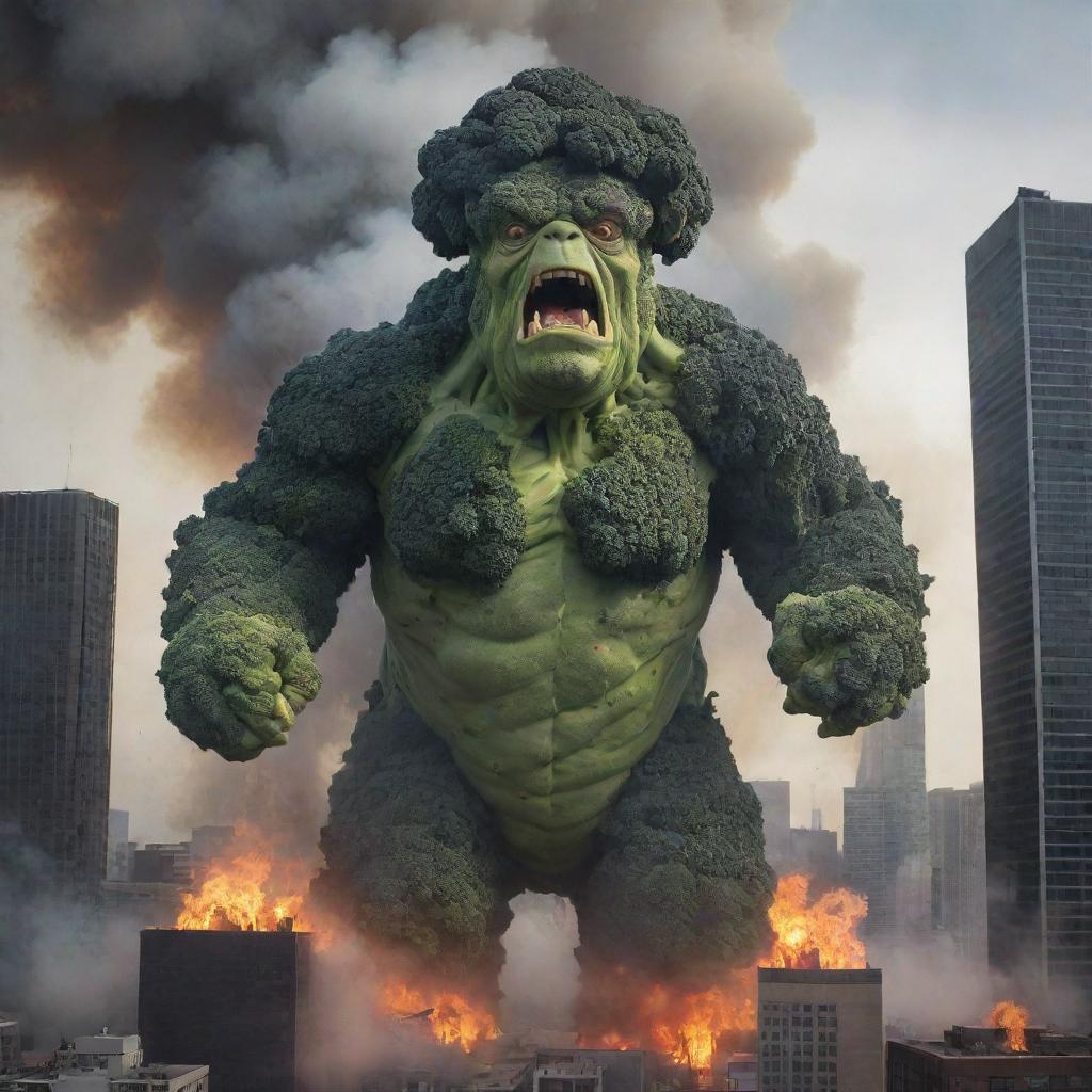 The colossal broccoli monster is now wreaking havoc in the city under a cloud of smoke and fire. Skyscrapers crumble as the creature emits a fiery breath, casting an eerie glow on the chaotic scene.