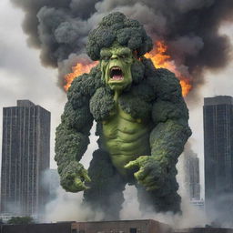 The colossal broccoli monster is now wreaking havoc in the city under a cloud of smoke and fire. Skyscrapers crumble as the creature emits a fiery breath, casting an eerie glow on the chaotic scene.