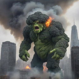 The colossal broccoli monster is now wreaking havoc in the city under a cloud of smoke and fire. Skyscrapers crumble as the creature emits a fiery breath, casting an eerie glow on the chaotic scene.