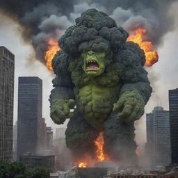 The colossal broccoli monster is now wreaking havoc in the city under a cloud of smoke and fire. Skyscrapers crumble as the creature emits a fiery breath, casting an eerie glow on the chaotic scene.