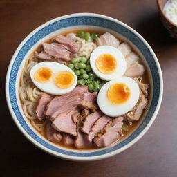 A steaming bowl of ramen containing noodles, broth, and a variety of toppings such as sliced pork, green onions, and a boiled egg, presented in a detailed oriental ceramic bowl.